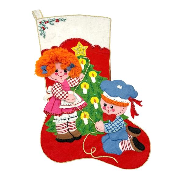 Vintage Bucilla Raggedy Ann Andy Felt Christmas Stocking Finished Completed Kit - Picture 1 of 6